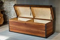 Solid teak chest. Wooden storage chest with lift gas spring. Open top chest Royalty Free Stock Photo