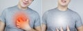 Before and after chest pain. Conceptual shot of a heart attack. On one half, the person grabbed the chest, and on the second, the