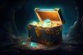 Chest with pirate treasure in cave. Generative AI Royalty Free Stock Photo