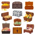 Chest vector treasure box with gold money wealth or wooden pirate chests with golden coins and ancient jewels