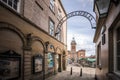 Chesterfield market square with own hall viewed from old alleyway in The Shambles