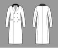 Chesterfield overcoat technical fashion illustration with double breasted, knee length, velvet notched collar. Flat