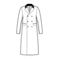 Chesterfield overcoat technical fashion illustration with double breasted, knee length, velvet notched collar. Flat