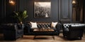 Chesterfield sofa and armchairs in classic room with black doors. Interior design of modern living room