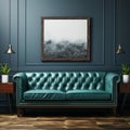 Chesterfield sofa in green leather in luxury sitting room mock-up