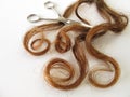 Chestnut-brown hair and a scissors Royalty Free Stock Photo