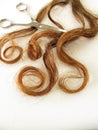 Chestnut-brown hair and a scissors Royalty Free Stock Photo