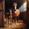Chestnut brown mother and foal stand in hay filled stables