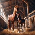 Chestnut brown mother and foal stand in hay filled stables