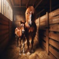 Chestnut brown mother and foal stand in hay filled stables