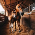 Chestnut brown mother and foal stand in hay filled stables