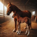 Chestnut brown mother and foal stand in an outdoor corral