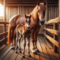 Chestnut brown mother and foal stand in an outdoor corral