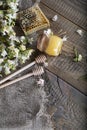 Chestnut honey on a wooden surface.