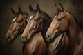 Chestnut Horses Family Painting, Beautiful Brown Horse, Abstract Generative AI Illustration