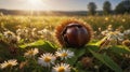 Golden Hour Chestnut in Daisy Field: A Stunning Autumnal Scene Royalty Free Stock Photo