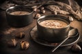 Chestnut soup with parmesan  chilli flakes and threads in a black bowl on dark brown background Royalty Free Stock Photo