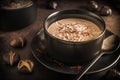 Chestnut soup with parmesan  chilli flakes and threads in a black bowl on dark brown background Royalty Free Stock Photo