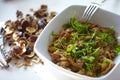 Chestnut and wild chanterelle mushroom carbonade Royalty Free Stock Photo