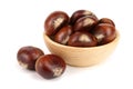 Chestnut in a wooden bowl isolated on white background. Top view Royalty Free Stock Photo