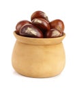 Chestnut in a wooden bowl isolated on white background. Top view Royalty Free Stock Photo