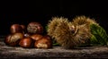 Chestnuts and chestnut bur on wooden table. Royalty Free Stock Photo