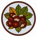 Chestnuts in Circular Design with Green and Yellow Leaves on White Background Royalty Free Stock Photo