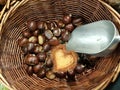 Chestnuts love heart  in the basket bailer in market place food background colors Royalty Free Stock Photo