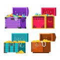 Chests with gold coins and jewelry vector money and diamonds or brilliants pearl beads and rubies wealth