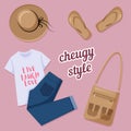 Cheugy style. T-shirt with slogans about cheuglife, skinny jeans, flip flops, bag with pockets and brimmed hat are. Royalty Free Stock Photo