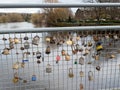 Love padlocks on a wire bridge Royalty Free Stock Photo