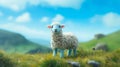 Dreamy Cheviot Sheep On Grassy Hill With Mountains And Trees