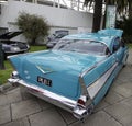 Chevrolet bel air, light blue, back view of a classic car parked in the streets Royalty Free Stock Photo