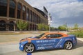 Chevrolet Camaro Mets Special Edition car in the front of the Citi Field, home of major league baseball team the New York Mets