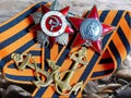 Chevrons of the sailor `Sailor Anchor`, Order `Red Star`, `Great Patriotic War` on the St. George ribbon. Awards of the marine