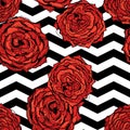 Chevrons seamless pattern background with hand drawn roses. Retro vintage design. Vector