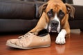 chewed up shoe left beside a guilty-looking dog