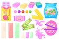 Chewing dragee. Gummy macula bubblegum in container wrappers, cartoon bubble gum chewy mint or fresh fruit candy cube