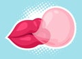 Chewing gum with female lips bubbles splash. Cartoon chewy sweet candies. Stains and sticky stretchy forms. Vector Royalty Free Stock Photo