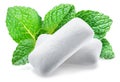 Chewing gum pieces and mint leaves on white background. Clipping path Royalty Free Stock Photo