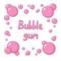 Chewing gum vector text illustration. Funny pink lettering bubble gum on white, pink letters, funny lettering in bubbles