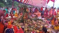 Chhath Festival worshipping setting sun, Nepal Royalty Free Stock Photo