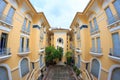 Ho Chi Minh city, Vietnam - December 2018: inner yard with green trees and cloudy sky in Ho Chi Minh city museum. Royalty Free Stock Photo