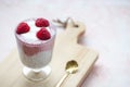 Chia pudding with almond milk, yogurt, pitaya powder and raspberries. Vegan concept
