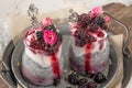 Chia pudding with blackberries and jam in glass jars. Concept of healthy eating, healthy lifestyle, dieting, fitness menu