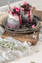 Chia pudding with blackberries and jam in glass jars. Concept of healthy eating, healthy lifestyle, dieting, fitness menu