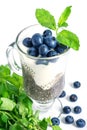 Chia pudding with blueberries in glass