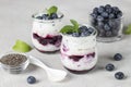Chia pudding with blueberry and jam in two glass jars on gray background, Concept of healthy vegan breakfast Royalty Free Stock Photo