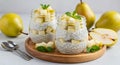 Nutritious Chia Pudding with Fresh Pear Slices and Mint in Glass Jars Royalty Free Stock Photo