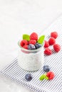 Chia pudding with fresh berries and almond milk. Superfood concept. Vegan, vegetarian and healthy eating diet Royalty Free Stock Photo